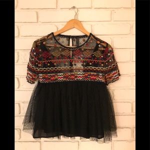 Swiss dot mesh top with embroidered detail